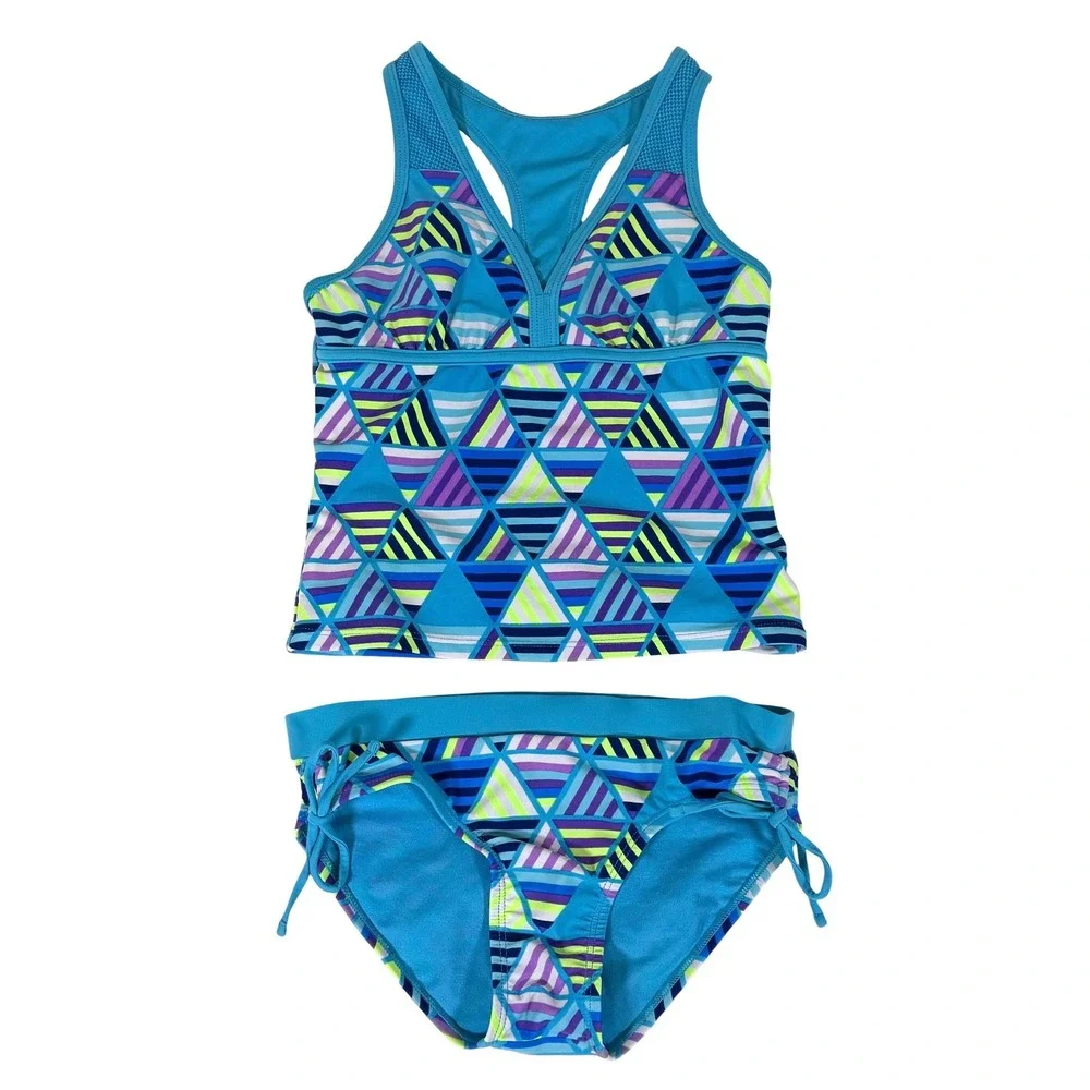 Justice Girls Blue Geometric Triangle Racerback Tankini Two Piece Swimsuit Sz 10